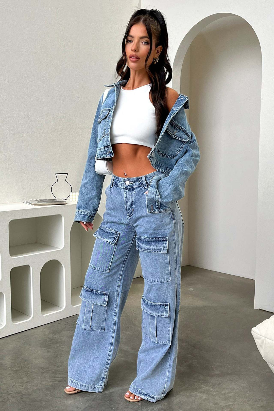 Women nan High-Waist Utility Denim Pants with applied knee patches, cargo pockets and wide flares Mune Fashion