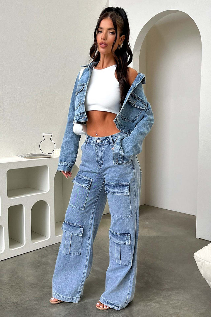 Women nan High-Waist Utility Denim Pants with applied knee patches, cargo pockets and wide flares Mune Fashion