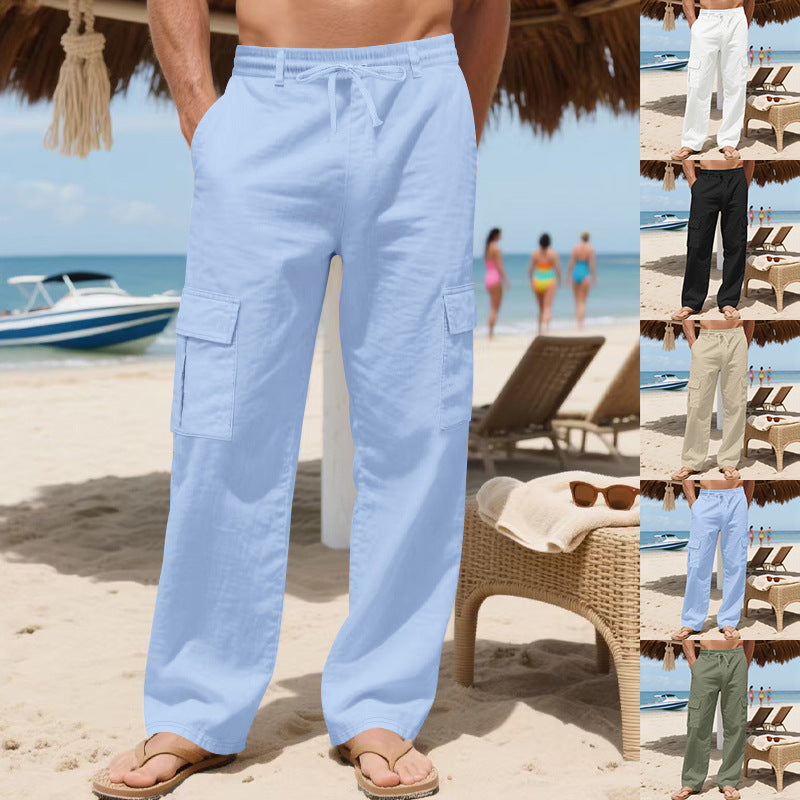 Men's loose cargo beach pants made of linen blend with elastic waistband and adjustable drawstring Mune Fashion