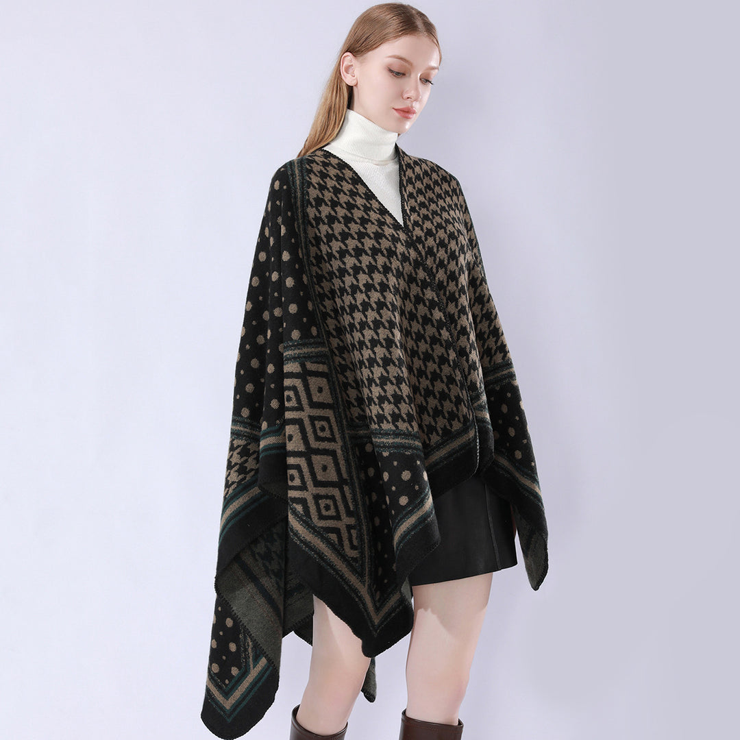 Women's Coarse Woven Cape Wrap with Houndstooth and Border Pattern Mune Fashion