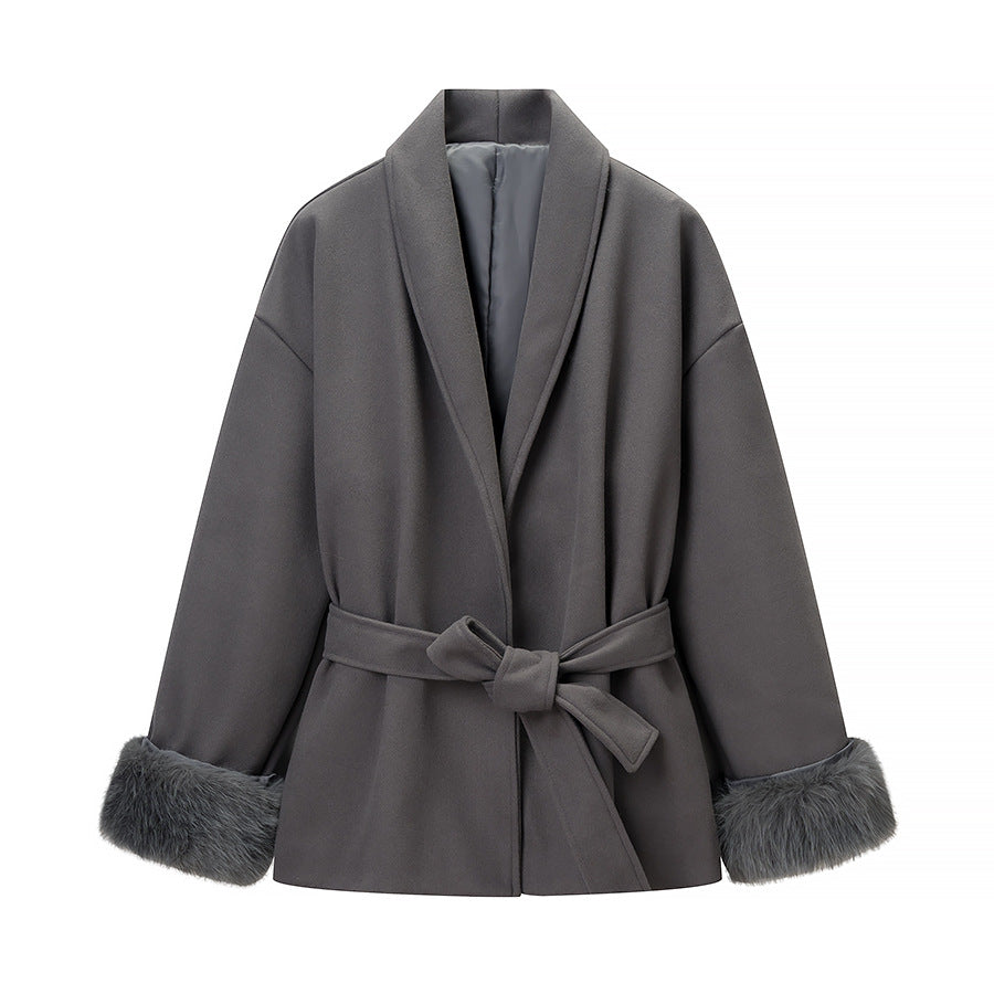 Women’s Wrap Coat with Tie Belt and Fur Trim on the Sleeves Mune Fashion