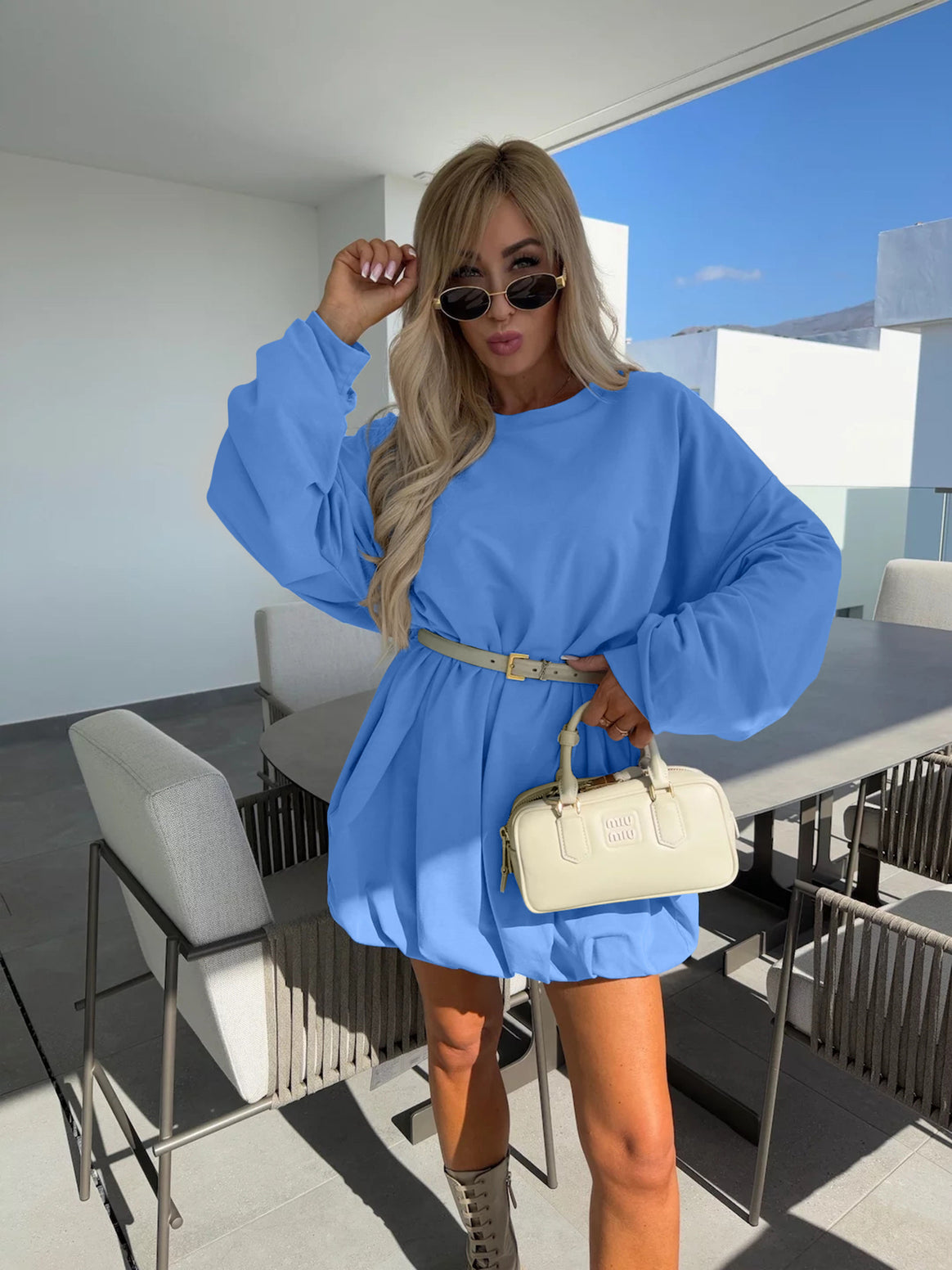 Ladies sweatshirt dress with balloon sleeves and waist belt Mune Fashion