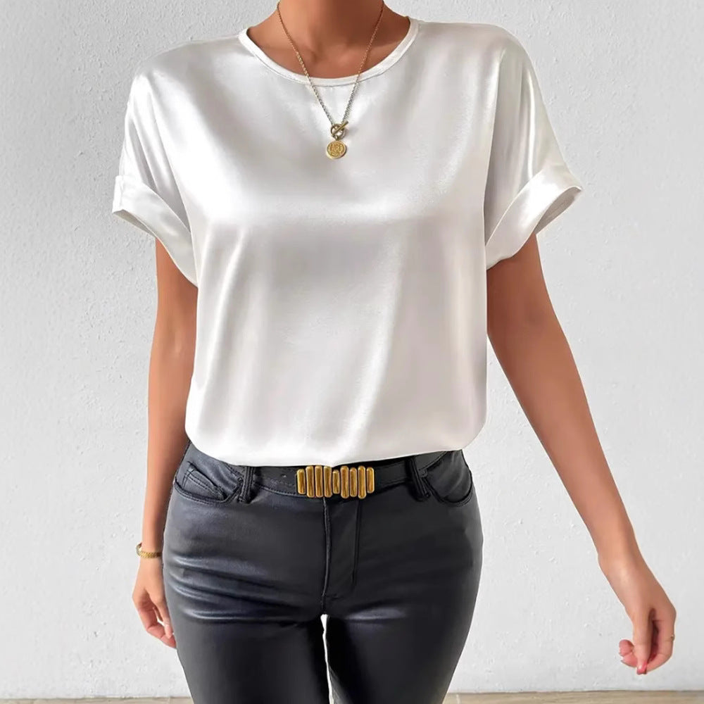 Women nan lightweight satin blouse shirt with round neck and cuff sleeves Mune Fashion