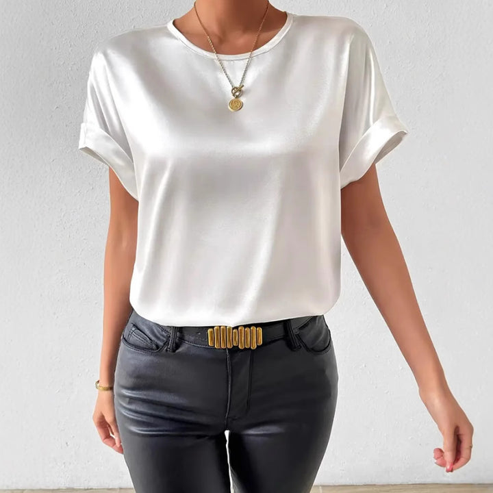 Women nan lightweight satin blouse shirt with round neck and cuff sleeves Mune Fashion