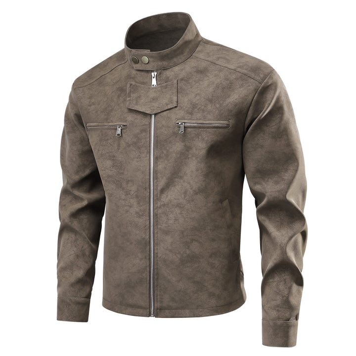 Men's suede leather look biker jacket with stand-up collar, chest zipper pockets & concealed snap button placket Mune Fashion