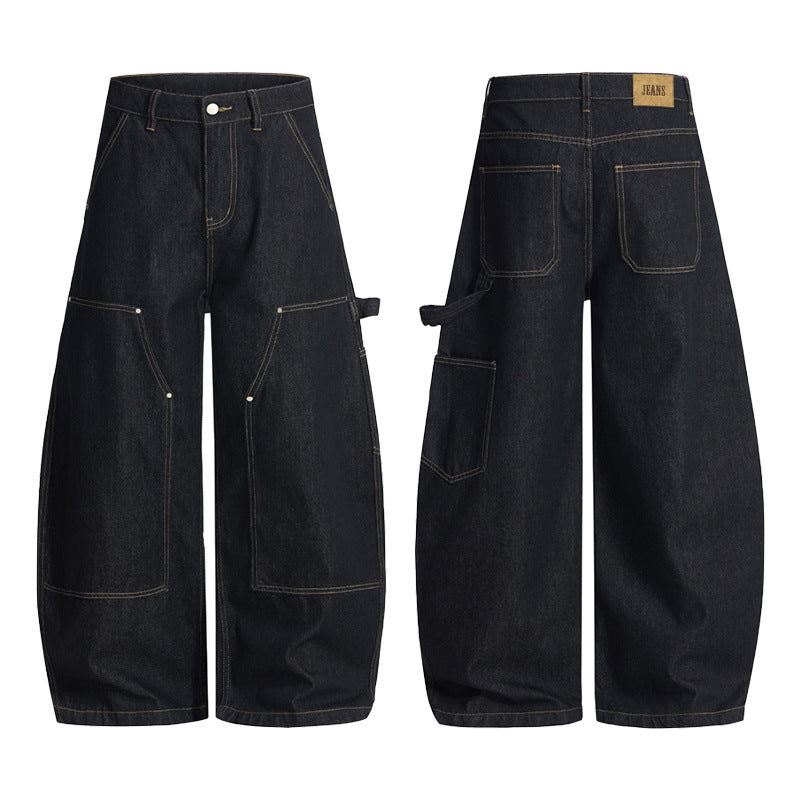 Women's Extra Wide Denim Palazzo Pants in Cargo Style with Low Crotch, Contrast Stitching and Utility Details Mune Fashion