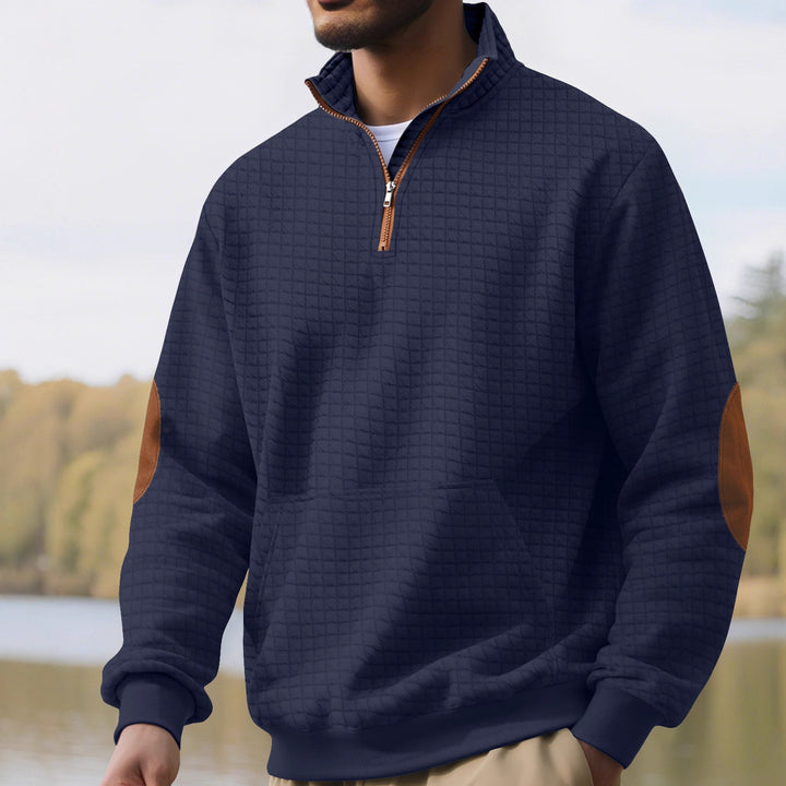 Men's waffle texture half-zip with stand-up collar, kangaroo pocket, and suede look elbow patches Mune Fashion