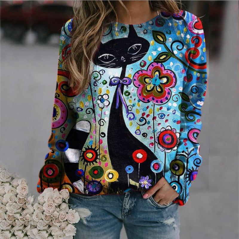 Women Oversized Sweatshirt with Artistic Cat Print and Floral Pattern Mune Fashion