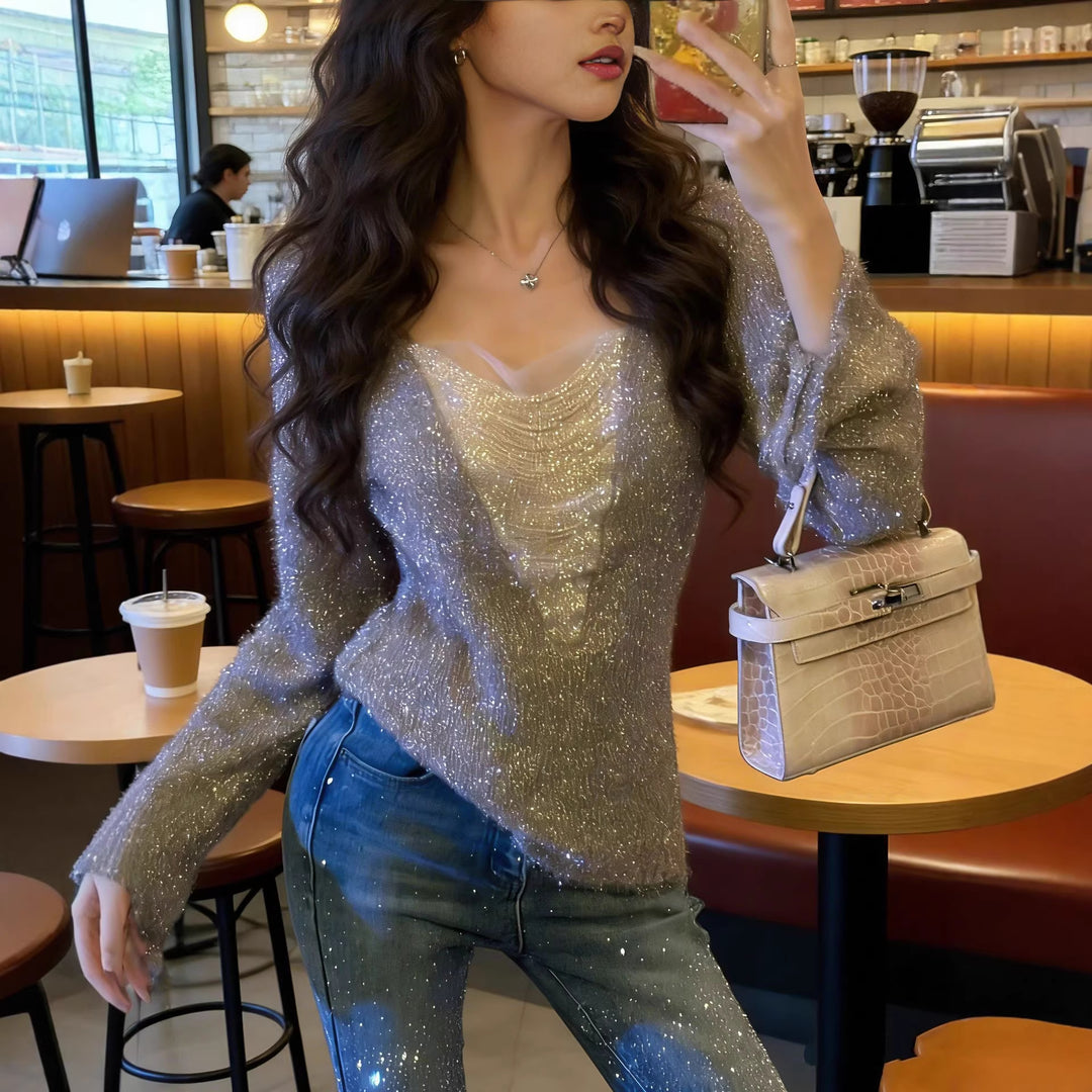 Women Fluffy Long Sleeve Shirt with Deep V-Neck and Glitter Insert Mune Fashion
