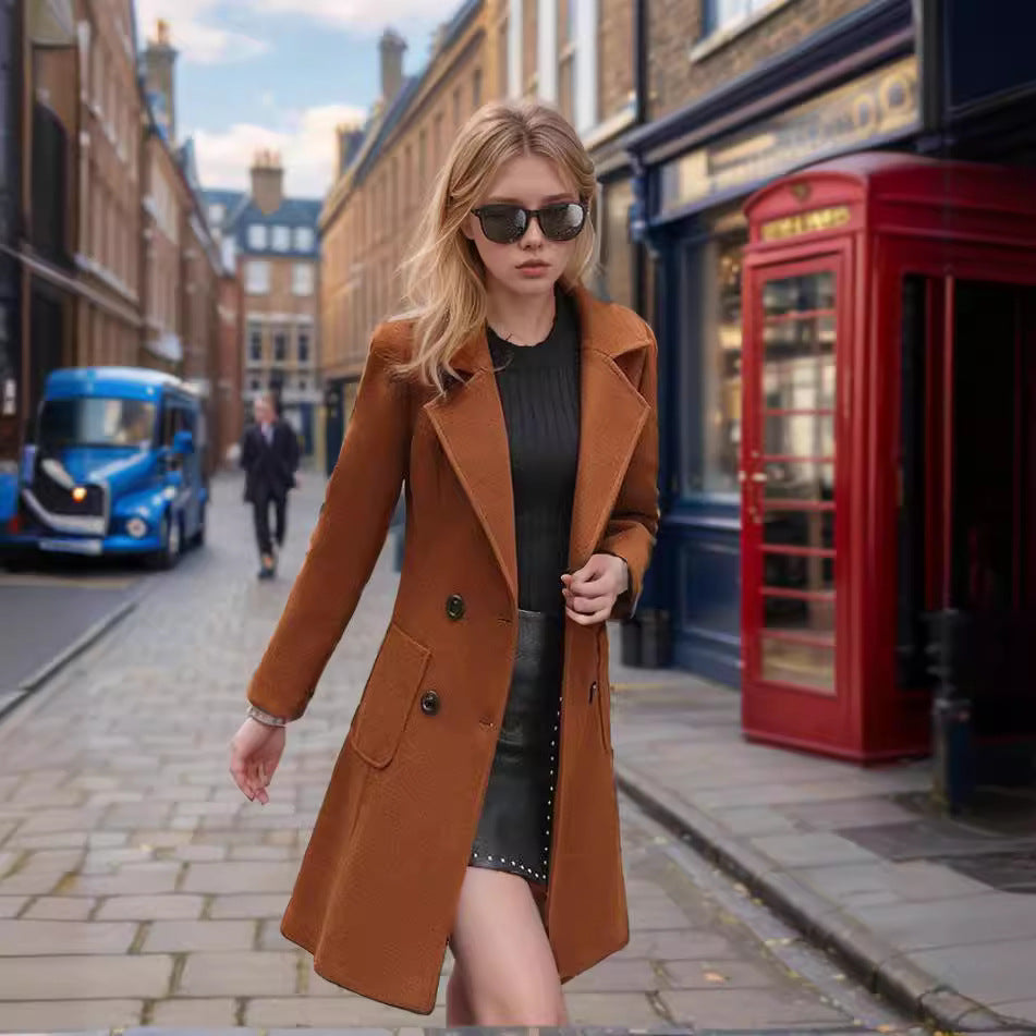 Women's classic tailored wool blend coat in long fit with shawl collar and flap pockets Mune Fashion