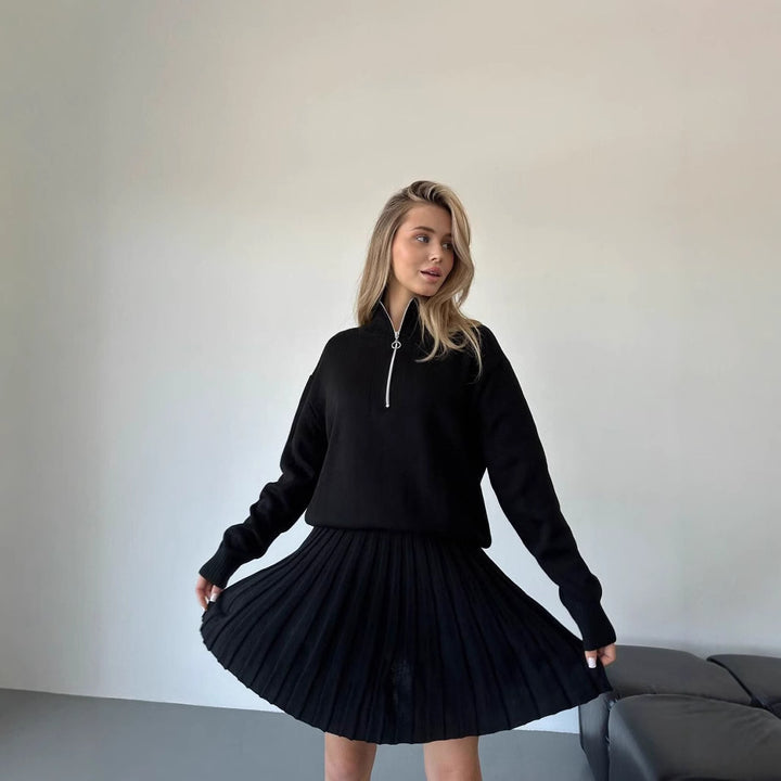 Ladies cozy knit set with zip-up sweater and pleated skirt Mune Fashion