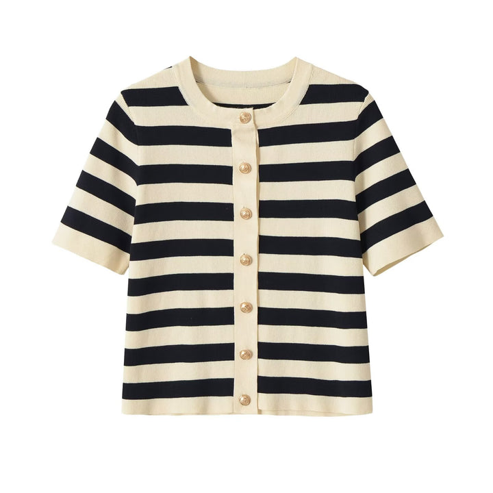 Women's Short-Sleeve Striped Cardigan with Decorative Metal Buttons Mune Fashion
