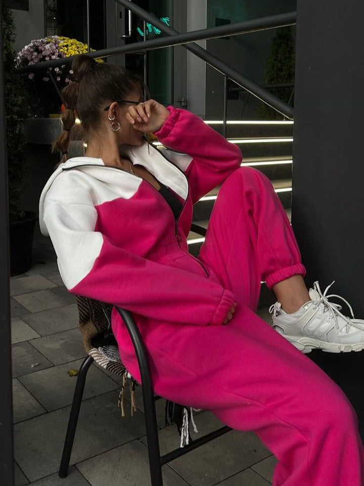 Women's two-piece crop zip hoodie and high-waist relaxed pants with wide leg Mune Fashion