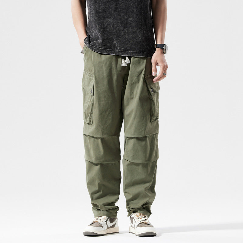 Men's Lightweight Relaxed Cargo Pants with Buttoned Flap Pockets and Decorative Drawstring Mune Fashion