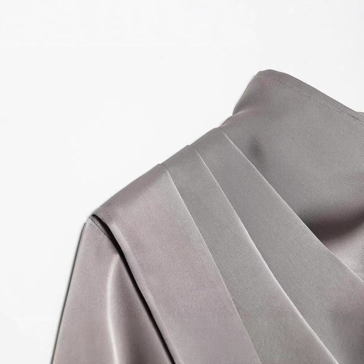 Women Asymmetric Draped Satin Blouse with Waterfall Collar Mune Fashion