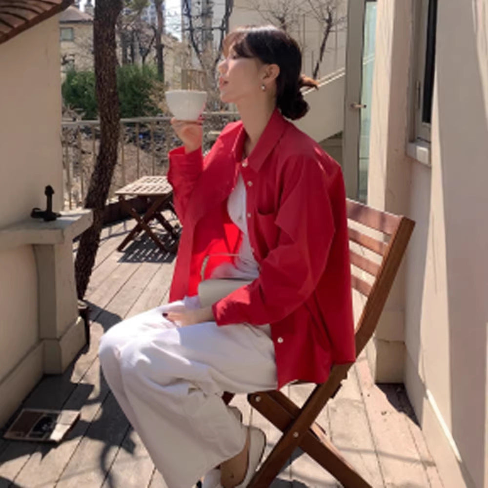 Women's loose-fitting cotton blouse with full button placket, shirt collar & roll-up sleeves Mune Fashion