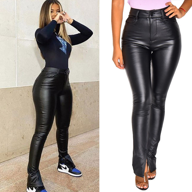 Women's High-Waist Skinny Faux Leather Pants with Front Slit Mune Fashion