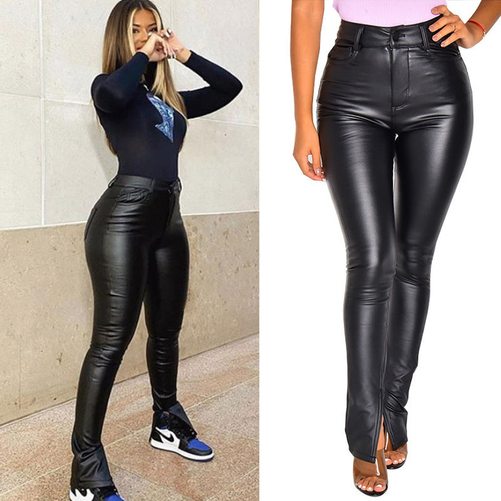 Women's High-Waist Skinny Faux Leather Pants with Front Slit Mune Fashion