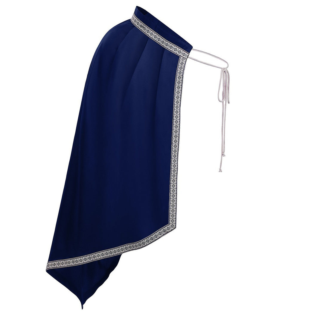 Unisex cape with shoulder plates, laced collar, faux fur trim, adjustable leather straps, and asymmetric train Mune Fashion