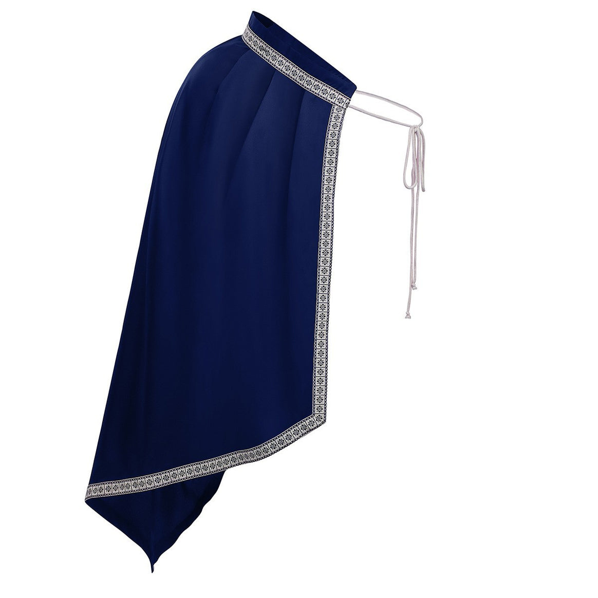 Unisex cape with shoulder plates, laced collar, faux fur trim, adjustable leather straps, and asymmetric train Mune Fashion