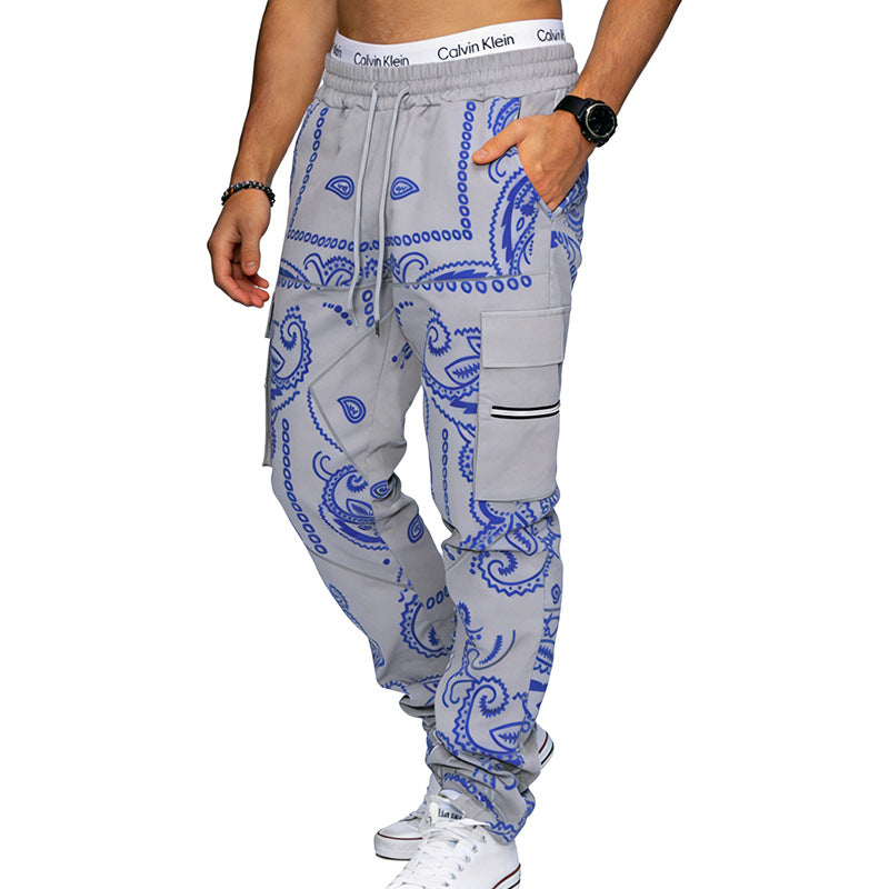 Men's Cargo Jogging Pants with Paisley Pattern, Elastic Waistband, Multiple Zipper and Flap Pockets Mune Fashion