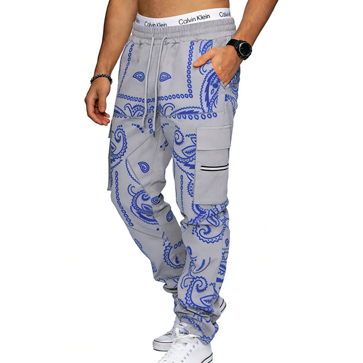 Men's Cargo Jogging Pants with Paisley Pattern, Elastic Waistband, Multiple Zipper and Flap Pockets Mune Fashion