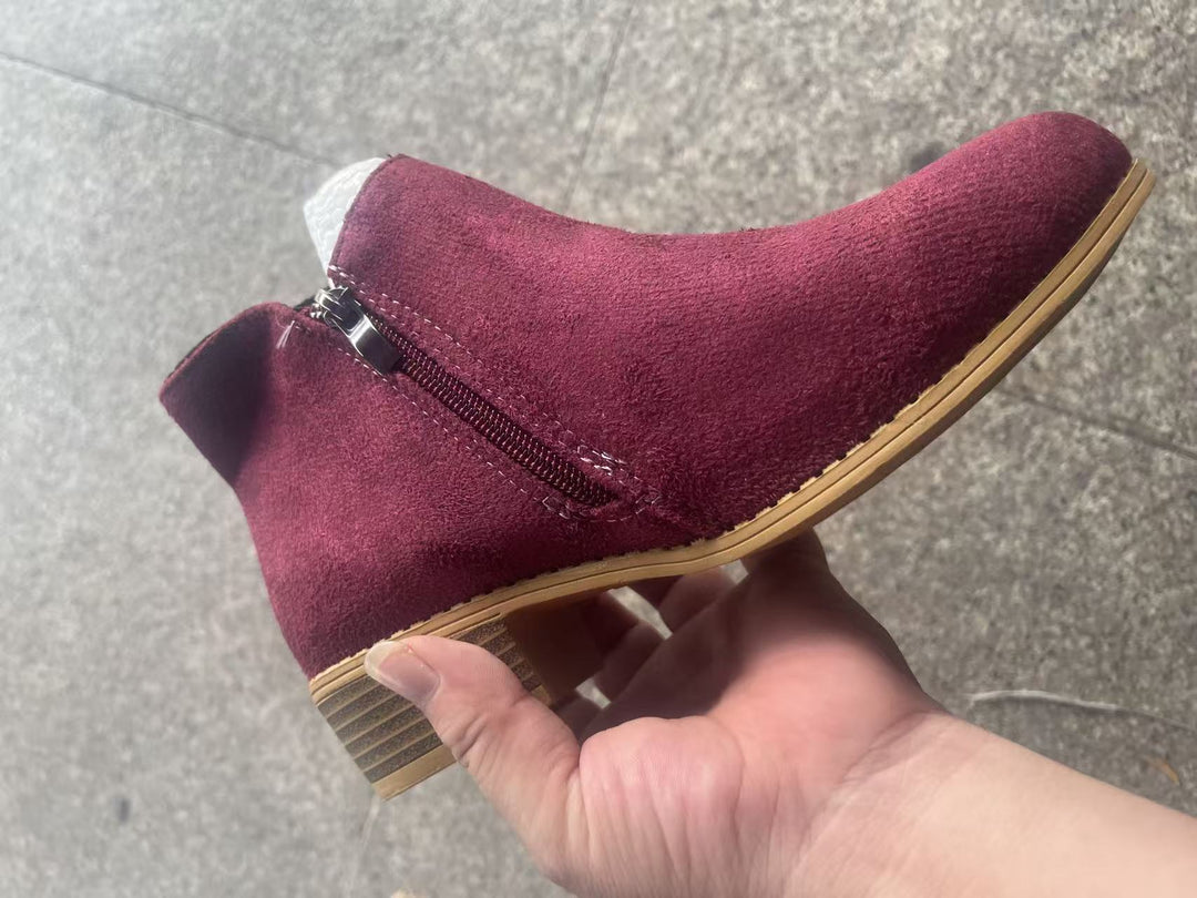 Women's Modern Ankle Boot with Visible Metal Zipper and Low Wood-Look Block Heel Mune Fashion