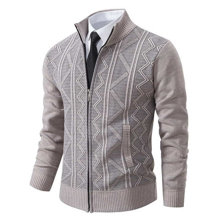 Men's Structured Fine Knit Zip Cardigan with Stand-Up Collar and Geometric Cable Pattern Mune Fashion