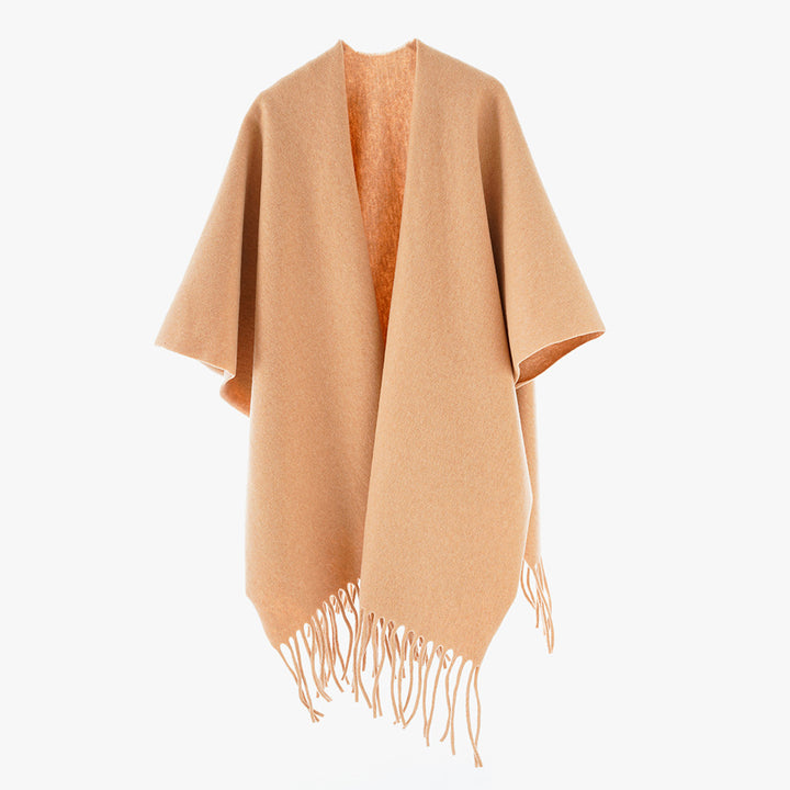 Women's Open Wool Blend Cape-Style Throw with Fringe Hem Mune Fashion