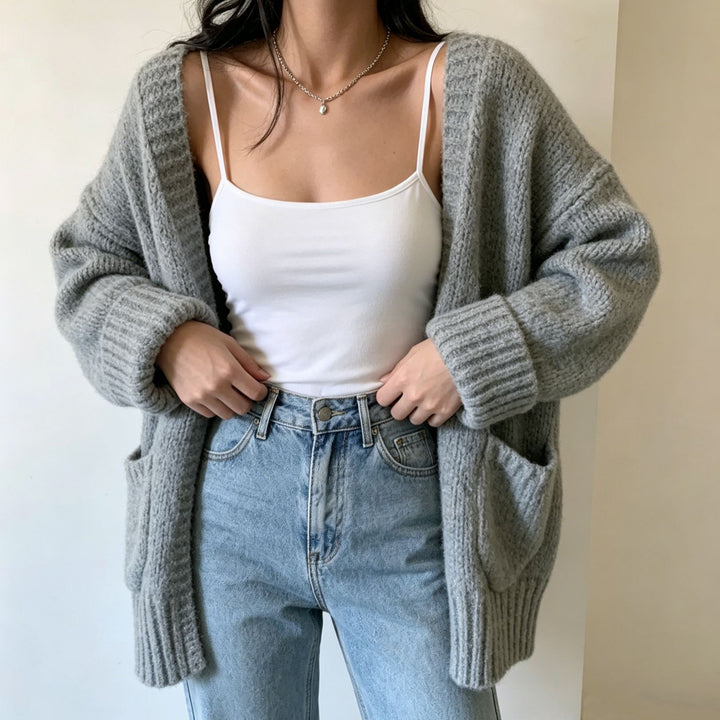 Women's Long Open Chunky Knit Cardigan with Pockets and Ribbed Cuffs Mune Fashion
