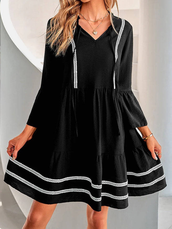 Women Layered Tunic Dress with V-Neck, Drawstring and Bell Sleeves Mune Fashion