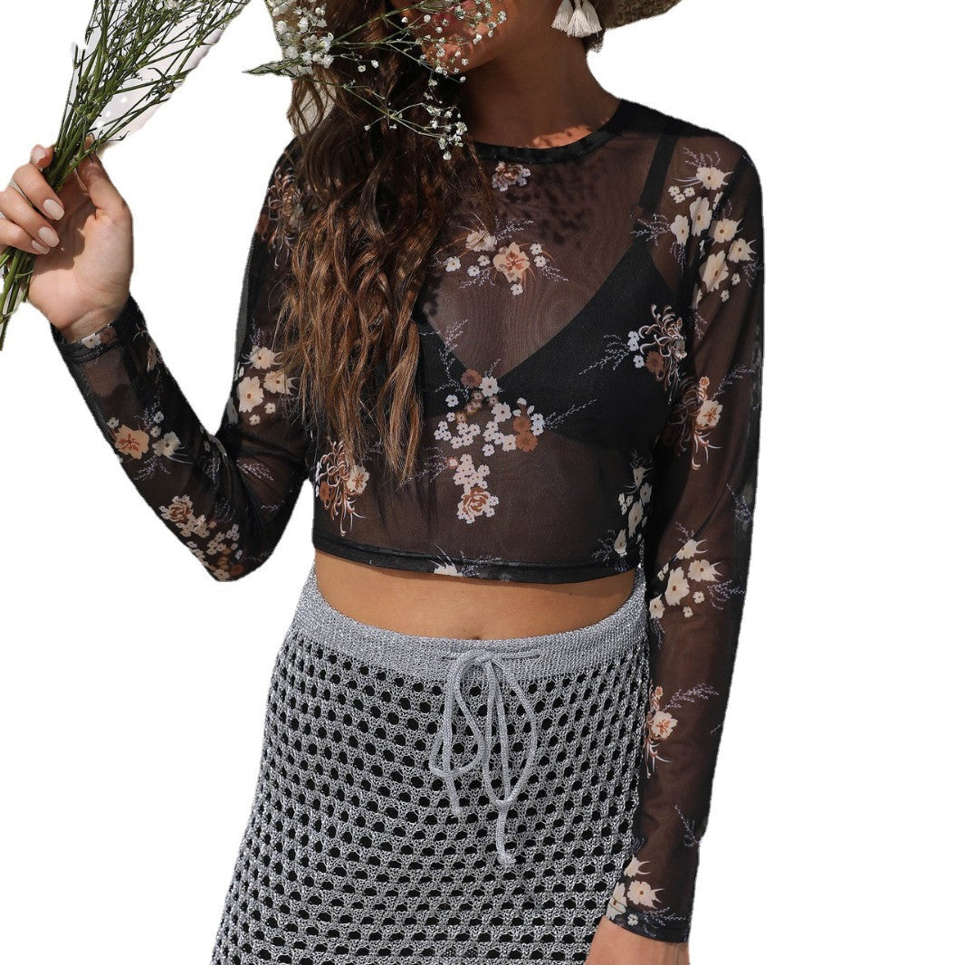 Ladies elegant light mesh top with floral pattern Mune Fashion