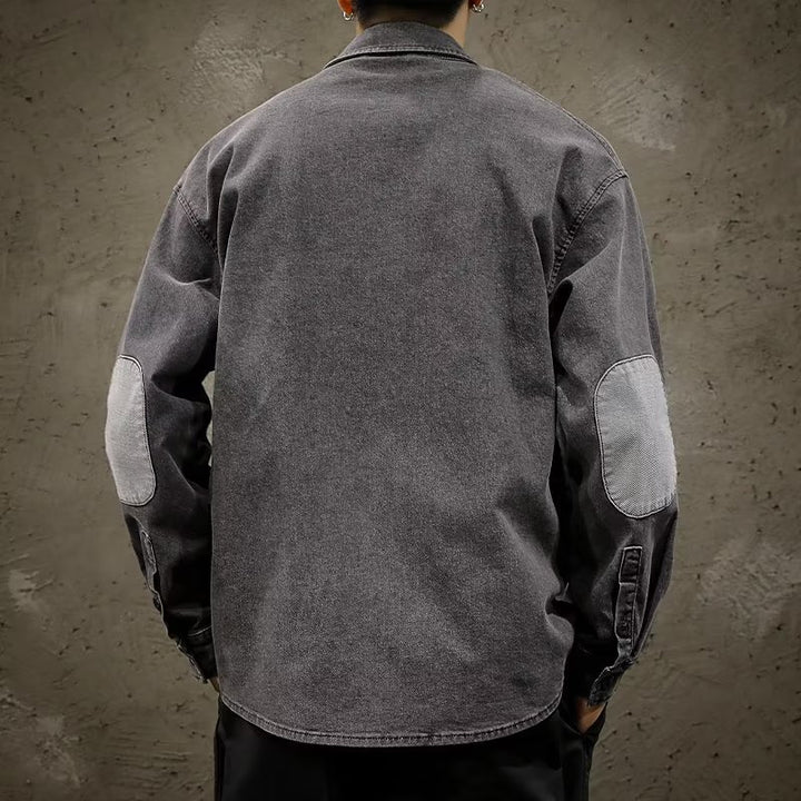 Men's Relaxed Denim Shirt Jacket in Vintage Wash with Elbow Patches and Sewn-On Chest Pocket Mune Fashion