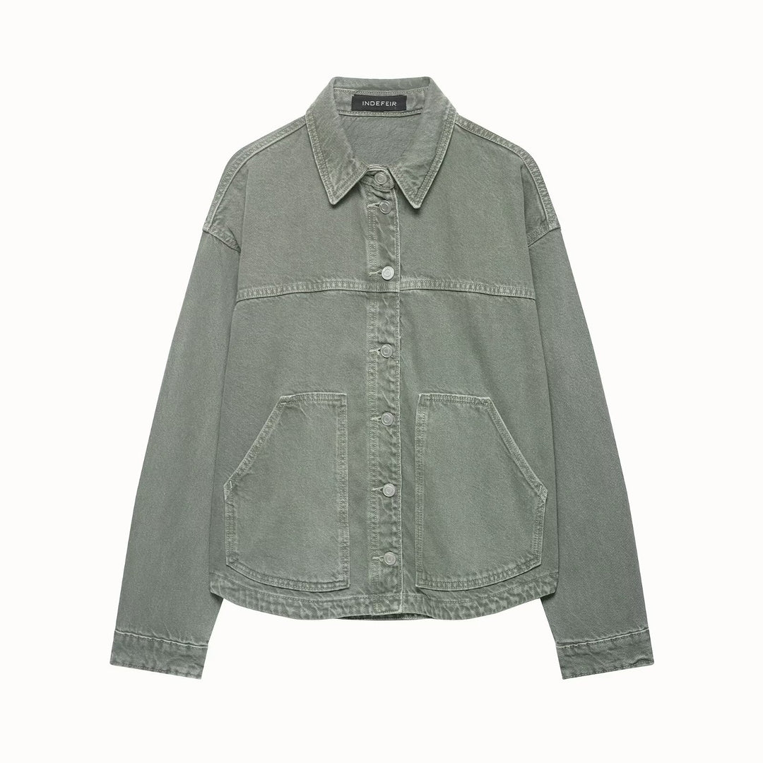 Women's Boxy Cropped Denim Work Jacket with Large Applied Front Pockets Mune Fashion