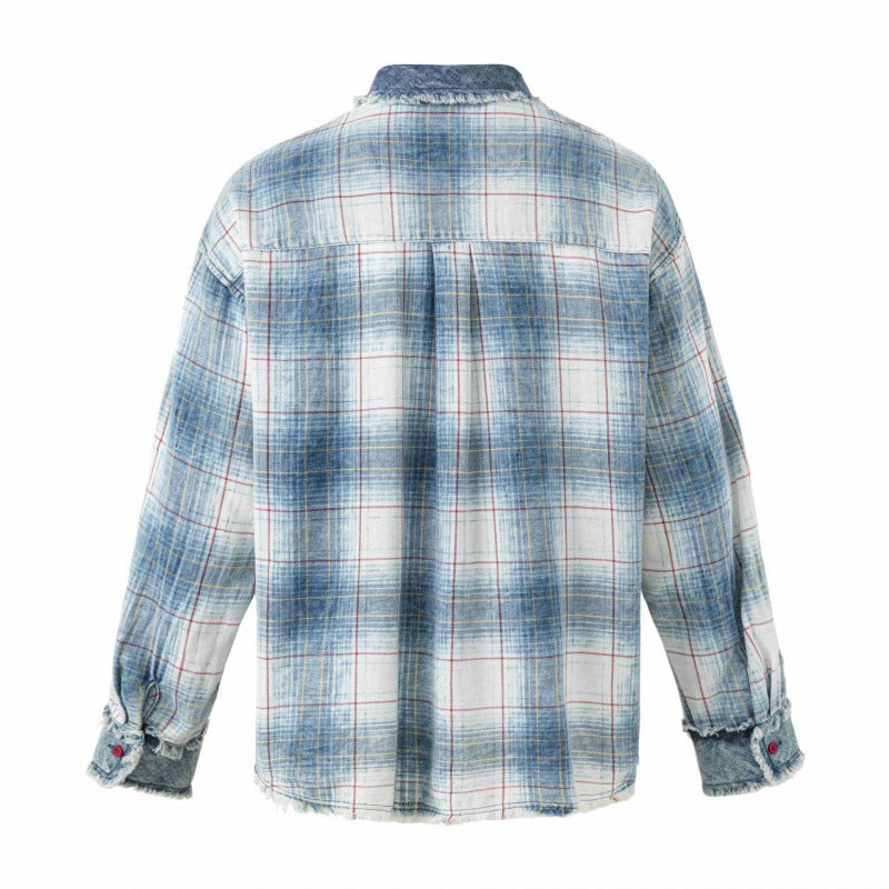 Unisex Checked Overshirt in Used Look with Fringes, Denim Collar and Patch Chest Pocket Mune Fashion