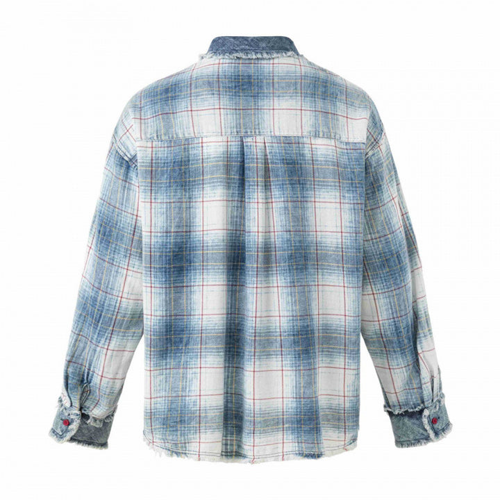 Unisex Checked Overshirt in Used Look with Fringes, Denim Collar and Patch Chest Pocket Mune Fashion