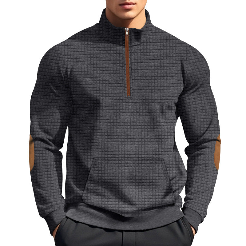 Men's quilted half-zip sweatshirt with stand-up collar, kangaroo pocket, and faux leather elbow patches Mune Fashion