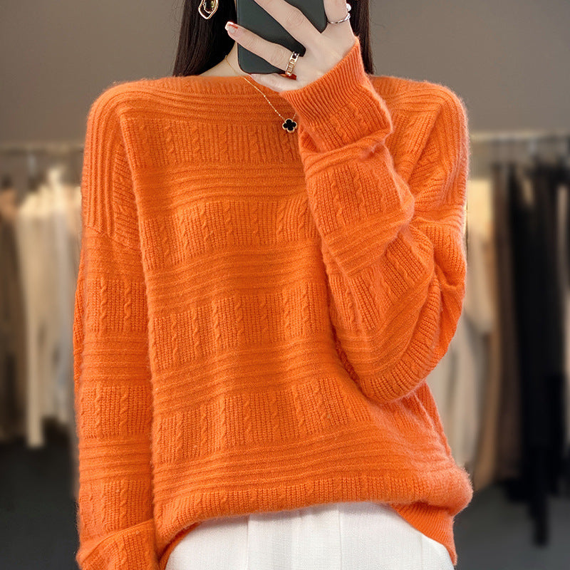 Women Oversize Fine Knit Sweater with Structural Blocks, Mohair Look and Round Neckline Mune Fashion