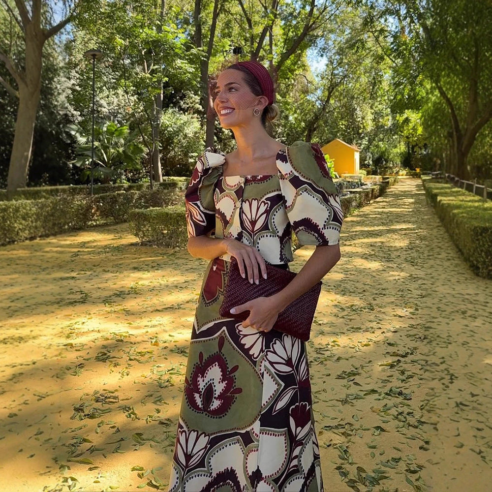 Women's Maxi Dress Set with Puff Sleeves, Tailored Midriff and Floral-Geometric Print Mune Fashion