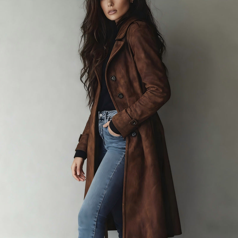 Women's Tailored Long Coat with A-Line Silhouette and Classic Button Placket Mune Fashion