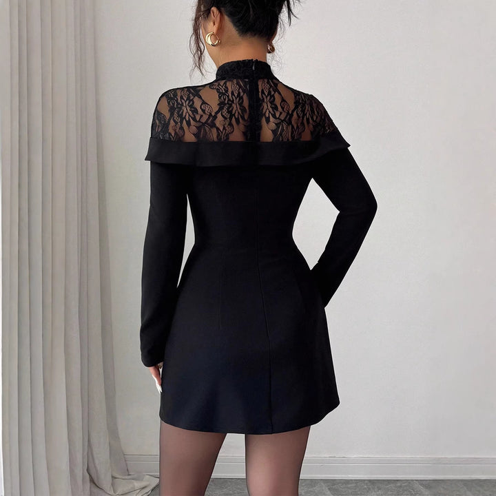 Women's Figure-Hugging Mini Dress with Lace Insert, Stand Collar and Draping Detail