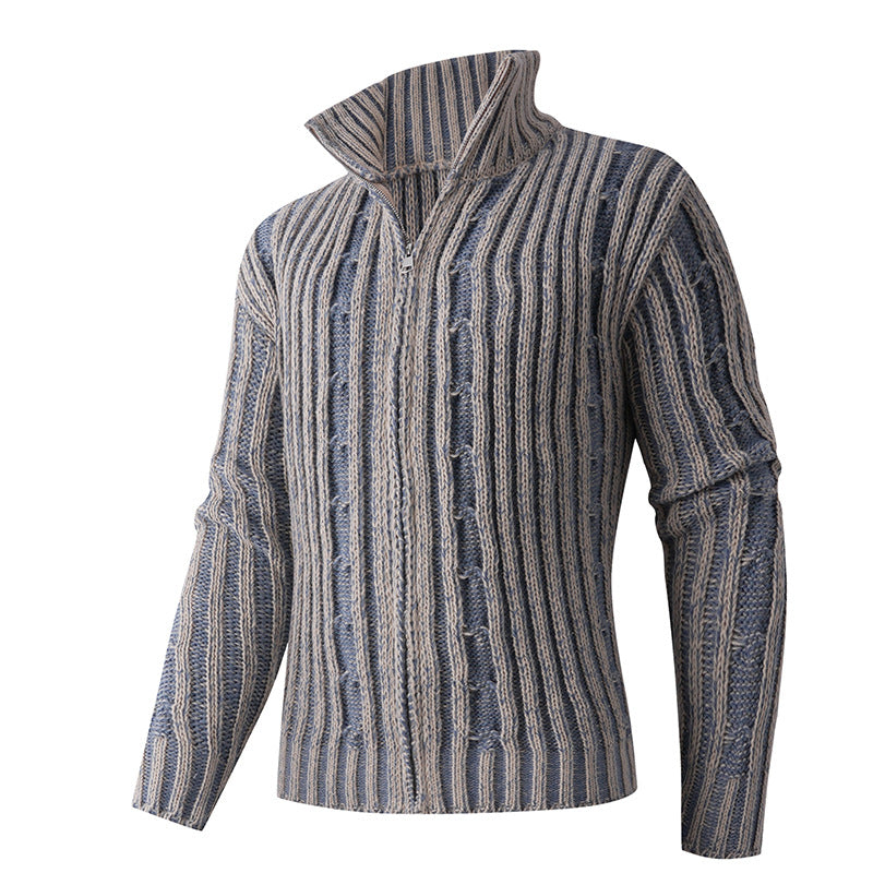 Men's knit cardigan with cable pattern, stand-up collar and full-length zipper Mune Fashion