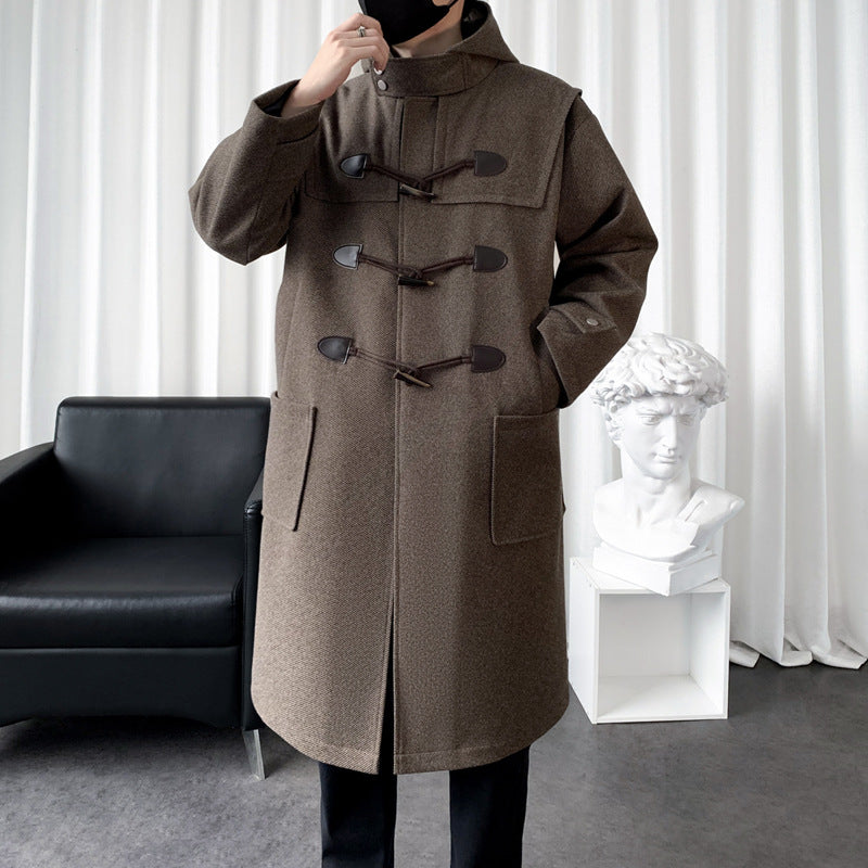 Men's Long Wool Blend Duffle Coat with Hood, Toggle Closures and Patch Pockets Mune Fashion