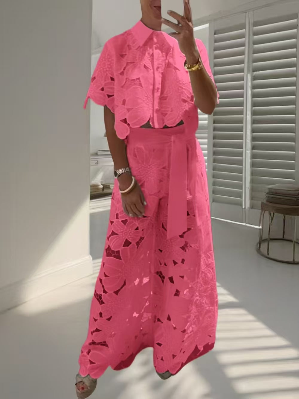Ladies two-piece lace ensemble with crop top and wide palazzo pants Mune Fashion