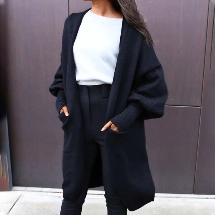 Women Oversized Long Cardigan with Volume Sleeves, Open Front and Patch Pockets Mune Fashion
