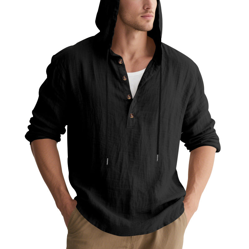 Men's casual linen henley with hood, drawstring and three-button placket Mune Fashion