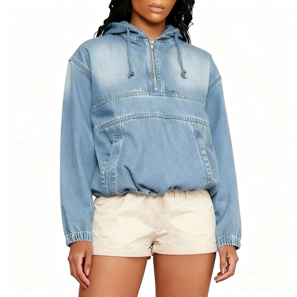 Women's Jeans Hoodie with Half Zip, Hood and Elastic Hem Mune Fashion