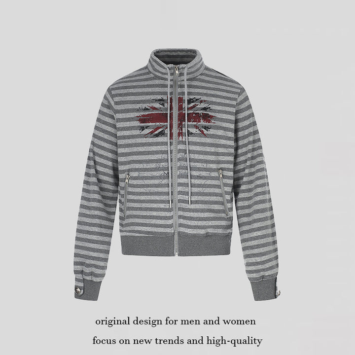 Women's Striped Zip Sweat Jacket with Stand Collar, Zipper Pockets and Vintage Flag Print Mune Fashion