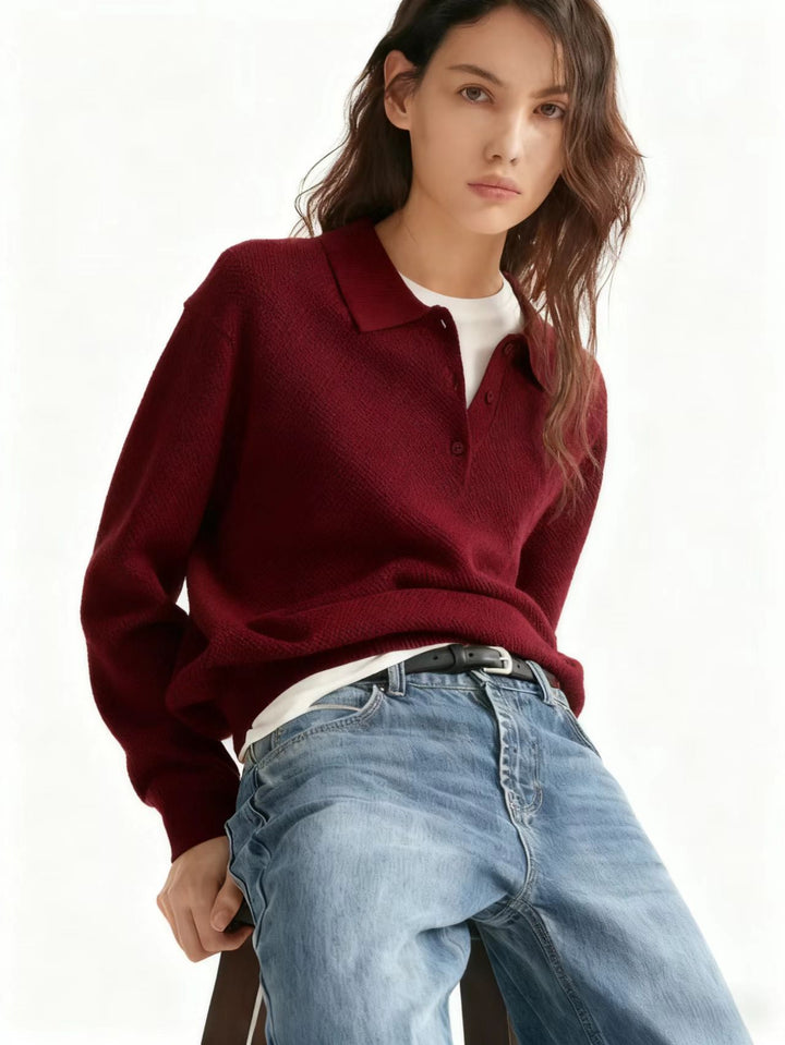 Women's fine-knit polo sweater with button placket and ribbed hem Drune
