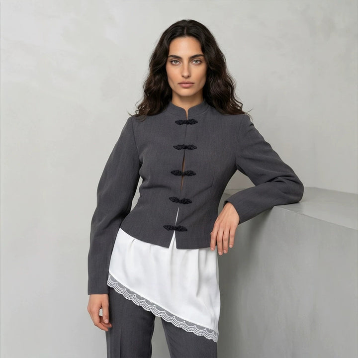 Women's Tailored Cropped Blazer with Mandarin Collar and Decorative Knot Closure Mune Fashion